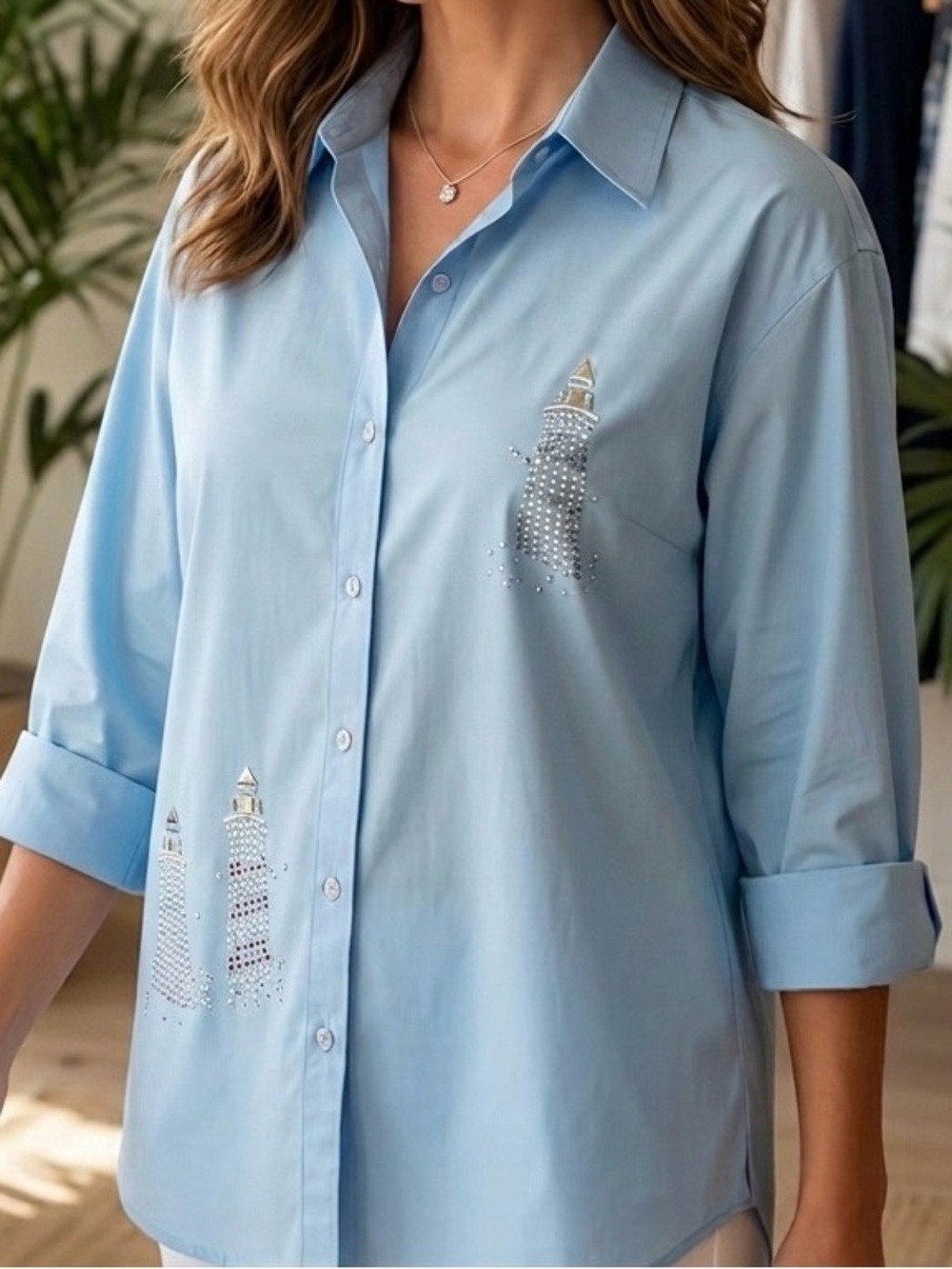 Las Olas 1X Nautical Lighthouse Rhinestone Shirt Coastal Grandma Blue Chambray